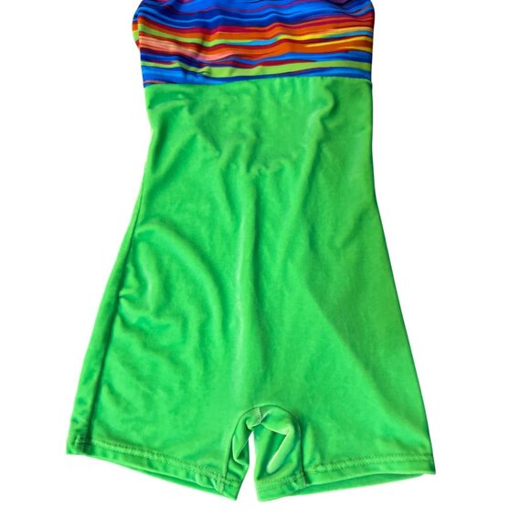 Motionwear Gymnastics Shortall Leotard Girls 8-10 Green Velvet Rainbow Stripe - Picture 13 of 13